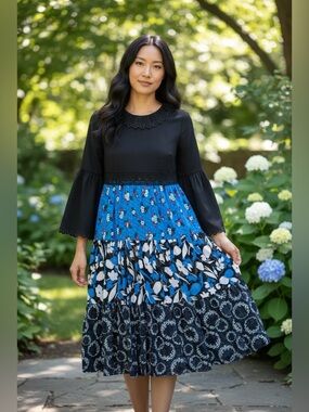 Anna Sui Black and Bright Blue Mixed-Print Midi Dress